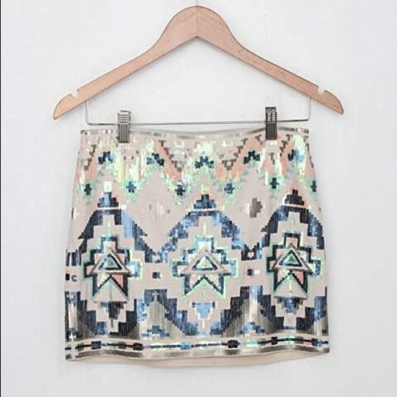 Express Aztec Print Sequin Mini Skirt, Size M - Picture 4 of 9
